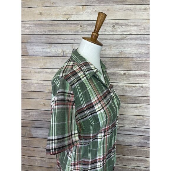 Baxter & Wells Small NWT Plaid Button Front Blouse Green Pink Short Sleeve Top - Picture 8 of 10